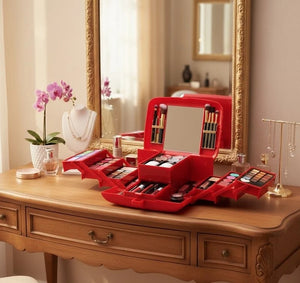 • 
	• Classic Deluxe Vanity Case All in One Makeup Kit Box Open on Vanity Table
