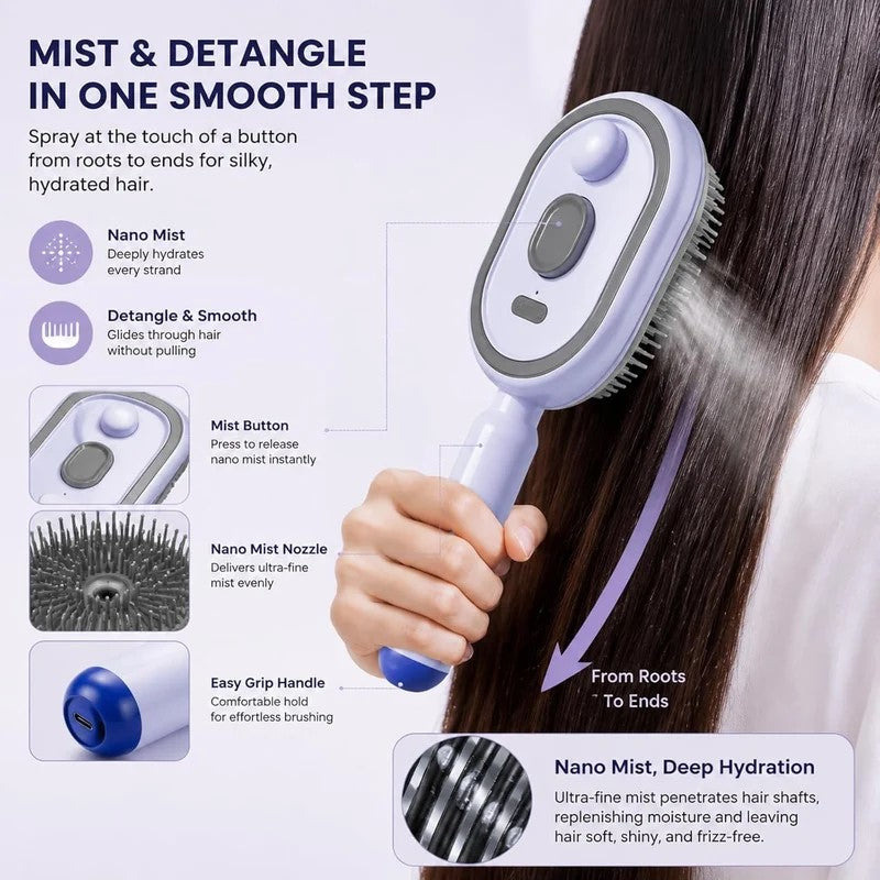 Mist and Detangle Electric Hair Brush Features and Spray Nozzle Details